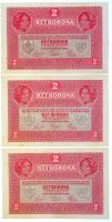 1917. 2K (3x) sorszámkövetők T:I,I- kis fo., törés nélküli hajlás az egyik bankjegy jobb felső sarkában / Hungary 1917. 2 Korona (3x) sequential serials C:UNC,AU small stain, one banknote with fold without tear in upper right corner Adamo K6