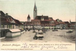 Medgyes, Mediasch, Medias; Piac tér, Evangélikus templom, Trombitás torony,Theil és Rothschild üzlete  / Marktplatz, Kirche, Trompeterthurm / market square, church, tower, shops (EK)