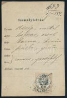 1884 Sopron, igazolási jegy 15kr illetékbélyeggel