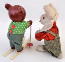 2 db retró felhúzható játék, 1 db kulccsal (síelő maci, cintányérozó nyúl), m: 20 és 22 cm