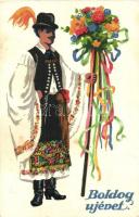 Boldog Újévet! Rigler József Ede kiadása / New Year greeting card, Hungarian folklore (EK)