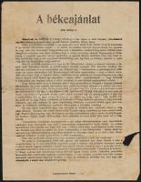 1918 "A békeajánlat", magyar nyelvű hirdetmény, Armeedruckerei Trient, kis sérülésekkel