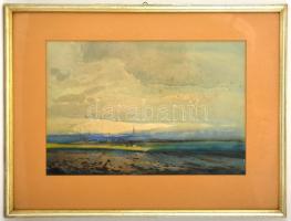 Olvashatatlan jelzéssel: Alföldi táj. Akvarell, papír, üvegezett keretben, 25×39 cm