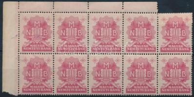 ~1940. MNB bélyeg, piros, ívszéli tízes tömbben