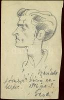 1946 Szász Endre (1926-2003) önarckép 8x14cm ceruza a művész saját kezű dedikáló soraival. További dedikáció a hátoldalon 1975-ből