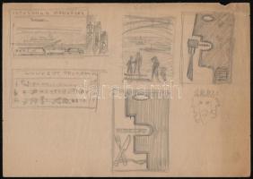 Kuklis Géza (?-?): Vázlatok, különféle üzletfrontok, portrék, stb., ceruza, papír, részben jelzettek, különböző méretben