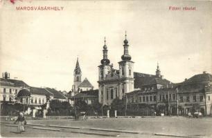 Marosvásárhely, Targu Mures; Fő tér, templom, takarékpénztár, Lang üzlete / main square, savings bank, shops, church