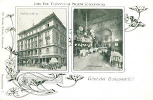 Budapest VI. Andrássy út 44. Jahn Ede Terézvárosi Pilseni Sörcsarnoka, vendégszoba, belső, floral Art Nouveau, Hornyánszky V., Kiszel Nándor kiadása (EK)