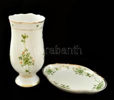 Hollóházi Erika mintás váza és tál, kézzel festett, jelzett, hibátlan, eredeti dobozában, m: 17,5 cm, tál: 19x13 cm