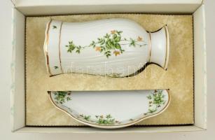 Hollóházi Erika mintás váza és tál, kézzel festett, jelzett, hibátlan, eredeti dobozában, m: 17,5 cm...