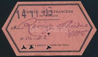 1896 Monaco, szalonbelépő, 6,5x11 cm / 1896 Monaco, entrance ticket of the Salon, 6,5x11 cm
