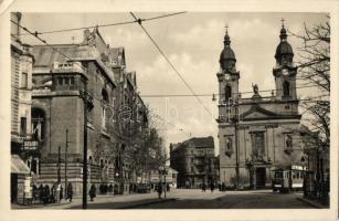 Budapest VIII. Mária Terézia tér, Józsefvárosi telefonközpont, Fővárosi Sörfőző Rt., Ormos cipőáruház, 16-os villamos (EK)