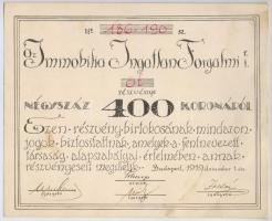 Budapest 1919. Az Immobilia Ingatlan Forgalmi Részvénytársaság öt részvénye egyben 400K-ról szelvényekkel T:II