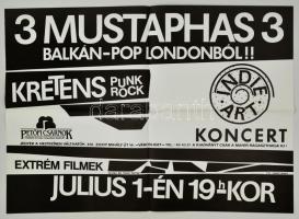 cca 1985 Petőfi Csarnok koncertjeinek plakátja, 3 Mustaphas 3, Krentens magyar punk együttes, hajtott, 66x93 cm