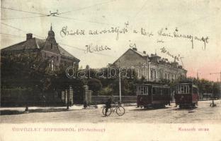 Sopron, Oedenburg; Kossuth utca, villamosok, kerékpár, M. G. S. 106. (EK)