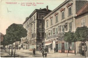 Temesvár, Timisoara; Jenő herceg tér, Temesvári Kereskedelmi Részvénytársaság, valutaváltó, üzletek, Moravetz Testvérek kiadása / Prinz Eugen Platz / square, trading company, currency exchange office, shops (EK)