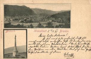 1897 (Vorläufer!) Brassó, Brasov, Kronstadt; látkép, Árpád szobor. W. Hiemesch kiadása / panorama view with monument