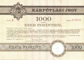 1991. "Kárpótlási jegy" 1000Ft (4x), benne 3db egymásutáni sorszámmal!