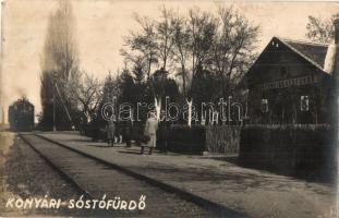 1929 Konyári-Sóstófürdő, vasútállomás érkező gőzmozdonnyal, photo (fl)