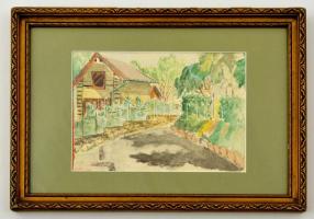 Kuklis jelzéssel: Vidéki ház. Akvarell, papír, jelzett, üvegezett keretben, 14x19 cm