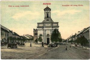 Poprád, Fő tér, Evangélikus templom, piaci árusok / Hauptplatz, Kirche / main square, church, market vendors
