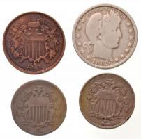 Amerikai Egyesült Államok 1864. 2c Cu-Sn-Zn nagy mottó + 1867. 5c Cu-Ni + 1868. 5c Cu-Ni + 1892. 1/4$ Ag "Barber Quarter" T:2,2-,3 USA 1864. 2 Cents Cu-Sn-Zn large motto + 1867. 5 Cents Cu-Ni + 1868. 5 Cents Cu-Ni + 1892. 1/4 Dollar Ag "Barber Quarter" C:XF,VF,F