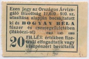 Budapest / Országos Központi Árvizsgáló Bizottság 1920. 20f Bogyay Béla hátul bélyegzés T:II fo. Adamo OKÁ-12.2.1