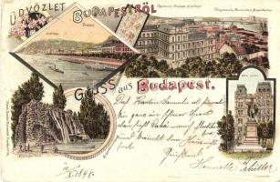 1898 Budapest, Gellérthegy, Főgimnázium, Főreáliskola, Eötvös szobor, Margitszigeti forrás. Kunstanstalt Rosenblatt floral, litho (EK)