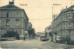 Temesvár, Timisoara; Andrássy út, villamps, W. L. Bp. 2028. Gerő Manó kiadása / street view with tram (b)