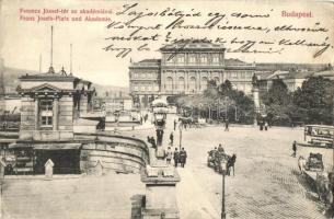 Budapest V. Ferenc József tér, Akadémia, villamos, Mauthner Ödön magkereskedésének reklámja (EB)