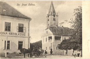 Szentivánzelina, Sveti Ivan Zelina; utcakép templommal, Antolkovic üzlete / street view with church, shop (EK)