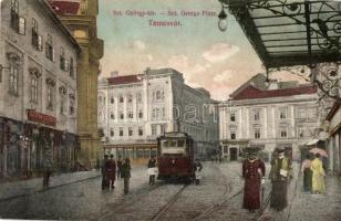 Temesvár, Timisoara; Szent György tér, villamos, létra, Maison Lechner, Farber Miksa, Várneky A. üzletei / square, tram, shops, ladder (r)