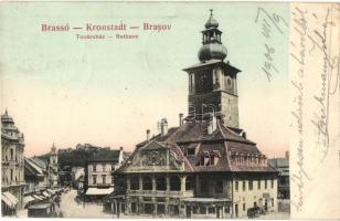 Brassó, Kronstadt, Brasov; Tanácsház, Stefan Zaray, Borbély Antal üzletei, Median gyógyszertár, villamos / town hall, shops, pharmacy, tram, L. & P. 9054. (EK)