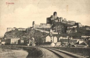 Trencsén, Trencín; látkép várral és vasúti pályával, Gansel Lipót kiadása / general view with castle ruins and railway tracks (EK)