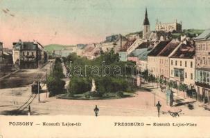 Pozsony, Pressburg, Bratislava; Kossuth Lajos tér, villamos, Fischer Antal üzlete / square, tram, shops (EB)