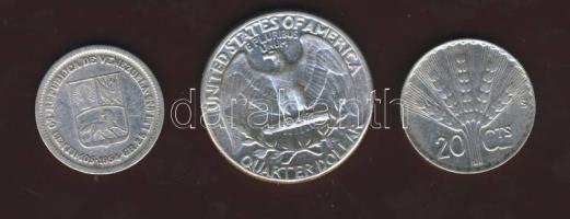Uruguay 1942. 20c Ag T:2 + USA 1961. 1/4$ Ag T:2 + Venezuela 1954. 50c Ag T:3