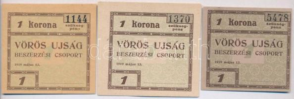 Budapest 1919. 1K Vörös Ujság (3xklf) színváltozat T:I,I- Adamo BUC-300.2, BUC-300.2.2, BUC-300.2.4