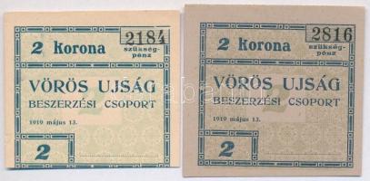 Budapest 1919. 2K Vörös Ujság (2xklf) színváltozat T:I,I- Adamo BUC-300.3.2, BUC-300.3.4