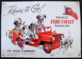 Texaco Fire Chief Gasoline kiskutyás fém tábla, kopásnyomokkal, 41x29 cm