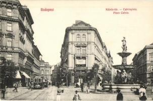 Budapest VIII. Kálvin tér, villamos, Magyar Lámpagyár, szökőkút,