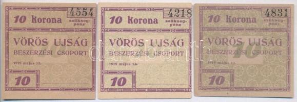 Budapest 1919. 10K "Vörös Ujság" (3xklf) színváltozat T:I,I- Adamo BUC-300.5.3, BUC-300.5.5, BUC-300e