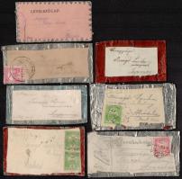 1902 Egy víg társaság üzenetei egy kedvelt hölgynek. Fiatalemberek pezsgő dugó csomagoló fémpapírokba burkolt névjegykártyái felbélyegezve, postán elküldve egy hölgy címére, egyik céglyukasztásos 7 db