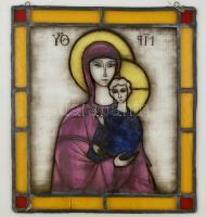 Mária a gyermek Jézussal, ólomüveg ikon, kézzel festett, repedéssel, 38x34 cm
