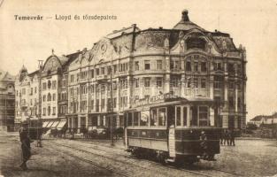 Temesvár, Timisoara; Lloyd, Tőzsdepalota, villamos Turul cipő reklámmal, építkezés a háttérben / hotel, stock exchange palace, tram with advertisement, construction (Rb)