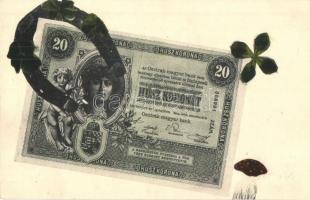 Húsz korona / Hungarian banknote with mushroom, horseshoe and clover (EK)