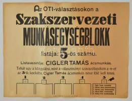 cca 1930 A Szakszervezeti Munkássegélyblokk nagyméretű OTI-választás plakátja, széleinél apró szakadással, 48x62 cm