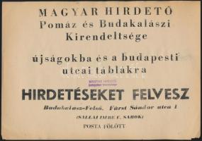 cca 1950-1960 A Magyar Hirdető Pomáz és Budakalászi Kirendeltségének kisméretű plakátja, kis szakadással, 30x21 cm