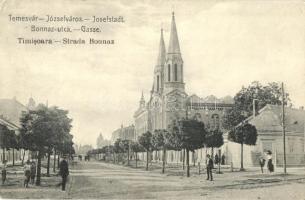 Temesvár, Timisoara; Józsefváros, Bonnaz utca, templom / Josefstadt / street view with church