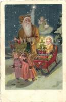 Christmas greeting with Saint Nicholas and children, litho (EK)