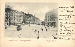 1899 Budapest VI. Oktogon, Café Abbazia kávéház, Prindl Nándor üzlete, villamosok, utcaseprő, Divald Károly 217. sz. (EK)